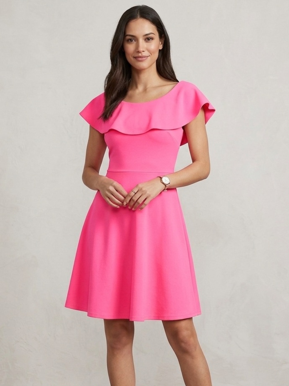 Eliza J Hot Pink Ruffle-Trim Fit & Flare Knit Dress